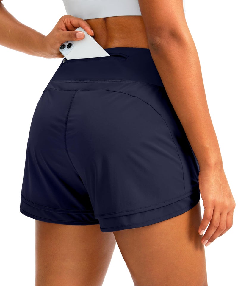 Soothfeel Women's Running Shorts High Waisted Quick-Dry 3 Inch Gym Workout Athletic Shorts for Women with Zipper Pocket(Navy Blue, M) - Image 1